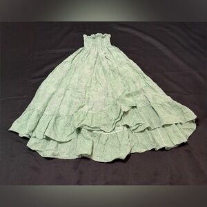 Francesca NWT Green Linen Maxi Skirt M Smocked Waist High-Low Ruffle Hem